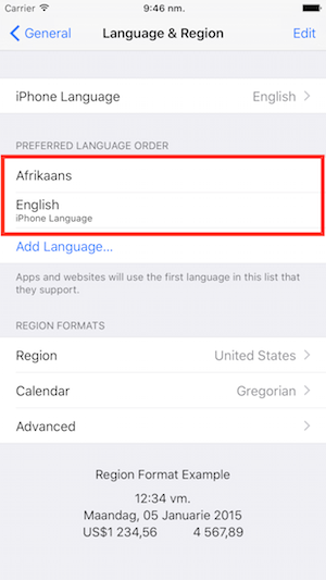 Language & Region preferences iOS 9